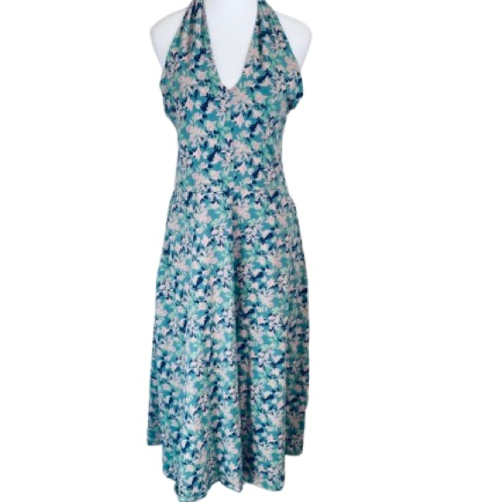 Pact Organic Cotton Floral Halter Midi Dress - Teal/Seafoam - Large